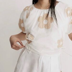 Madewell Embroidered Poplin Puff-Sleeve Cutout Crop Top NWT Size L